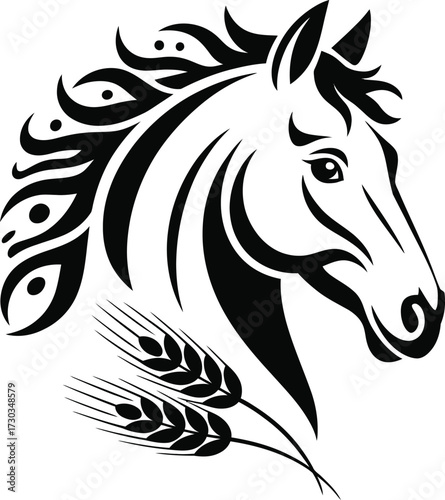 Black and White Galloping Horse Illustration, A dynamic illustration of a horse, rendered in black and white, dominates the frame. The horse is depicted mid-gallop, all four hooves off the ground