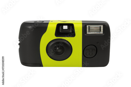 Disposable film camera with vivid lime green plastic casing