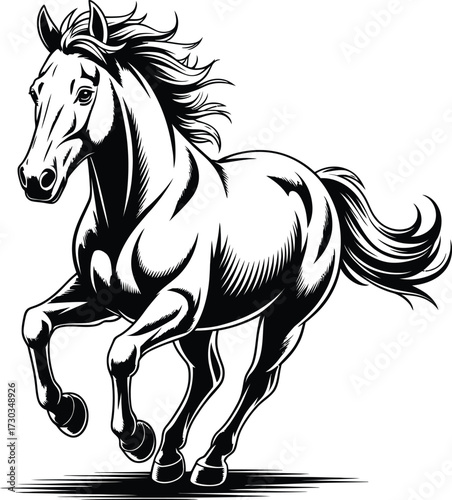 Black and White Galloping Horse Illustration, A dynamic illustration of a horse, rendered in black and white, dominates the frame. The horse is depicted mid-gallop, all four hooves off the ground