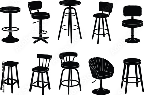Modern bar stools, stylish seating collection, interior furniture set, ergonomic chair designs, home decor inspiration, minimalist stool variety, contemporary furnishing elements, vector illustration