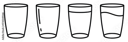 Water glass icon set in black color. Set of glass of water flat icon set. Glasses water level. Vector illustration.