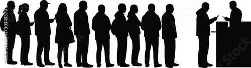 Queue silhouette vector, diverse people standing in line, customer service interaction, public waiting area illustration, social behavior concept, black isolated design