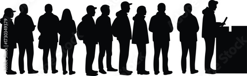Queue of diverse people waiting in line, silhouette illustration, casual clothing, public service concept, standing at counter, modern lifestyle, urban scene, vector art