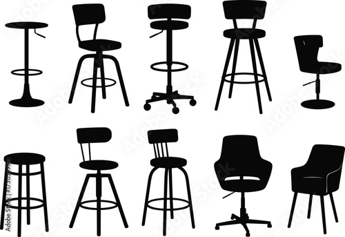 Silhouette collection of modern chairs and stools, bar seating, office furniture, ergonomic designs, vector icons for interior, furniture, and lifestyle themes