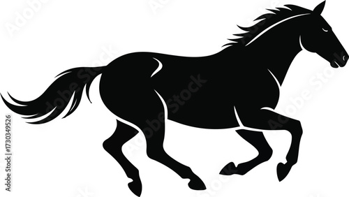 Black and White Galloping Horse Illustration, A dynamic illustration of a horse, rendered in black and white, dominates the frame. The horse is depicted mid-gallop, all four hooves off the ground