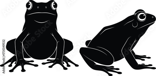 Silhouette frog vector illustration set featuring detailed amphibian poses, black graphic wildlife artwork for nature, animal, jungle and reptile themed design content