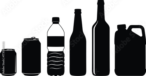 Silhouette set of beverage and liquid containers, soda can, water bottle, beer bottle, wine bottle, plastic jug, packaging design, recycling concept