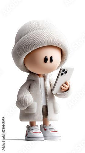 3d cartoon character in white beanie and coat looking at smartphone, cute minimal illustration