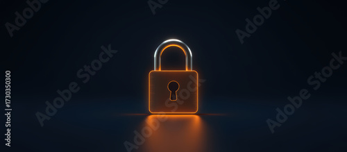 Glowing padlock security concept glowing icon padlock security lock neon orange dark reflection