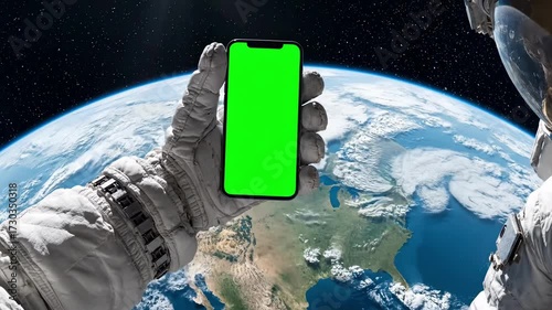 Timelapse POV of spacewalk, astronaut hand holding smartphone chroma screen, curvature of Earth illuminated in sunlight.