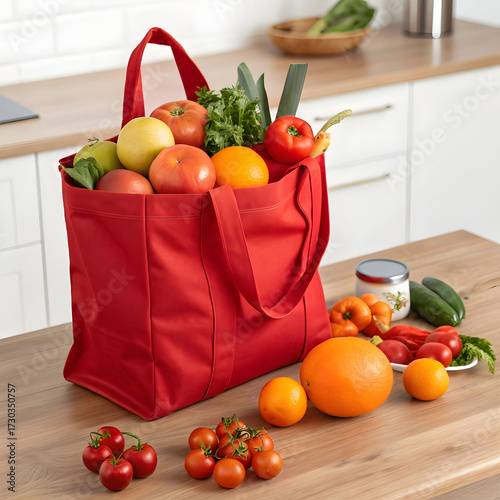 Vibrant red tote bag filled with fresh produce