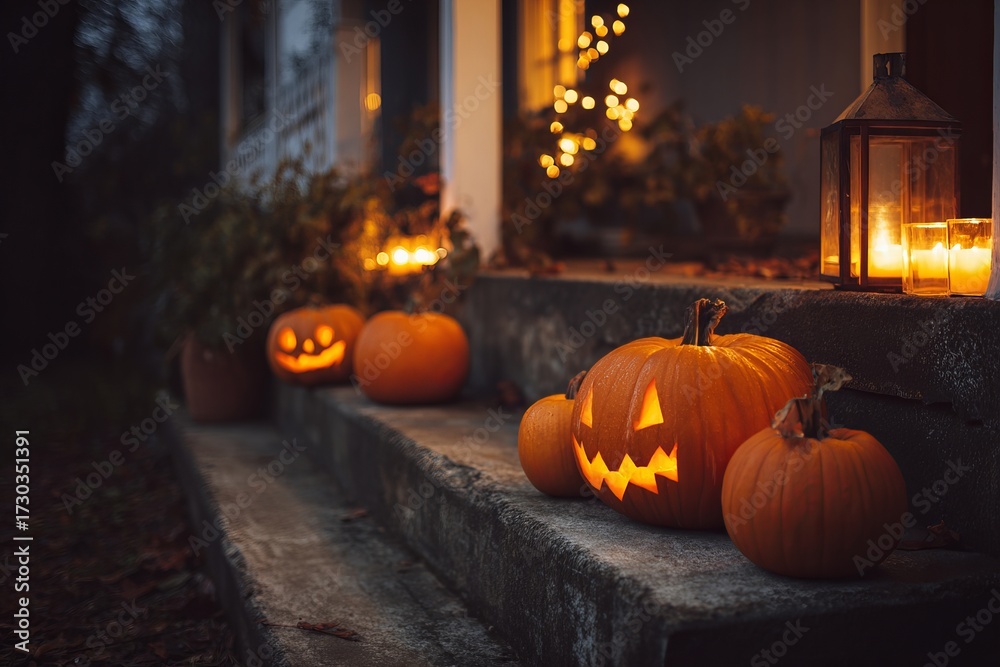 Obraz premium Halloween pumpkins glowing on porch with candles