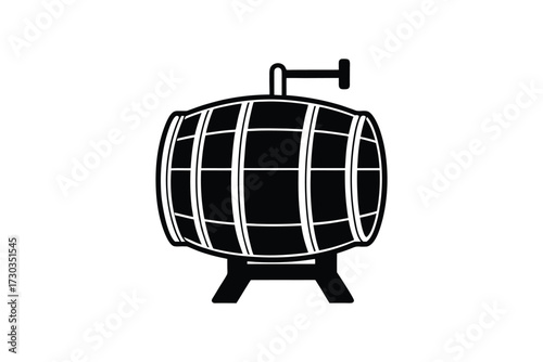 Simple black and white illustration of a vintage barrel with a crank