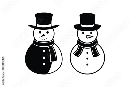 Two black and white snowman illustrations with hats and scarves presented