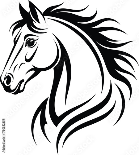 Black and White Galloping Horse Illustration, A dynamic illustration of a horse, rendered in black and white, dominates the frame. The horse is depicted mid-gallop, all four hooves off the ground