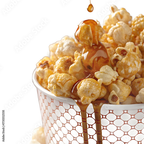 Tasty caramel glazed popcorn isolated on transparent background