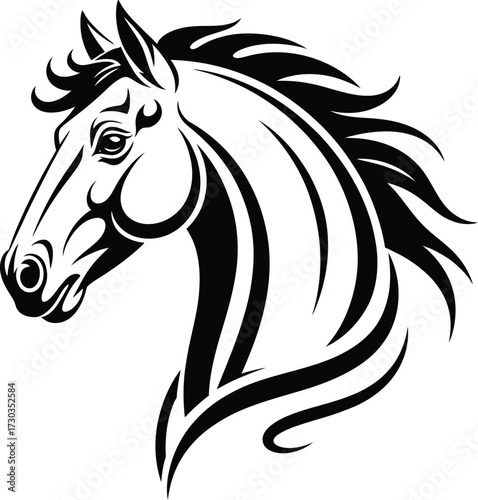 Black and White Galloping Horse Illustration, A dynamic illustration of a horse, rendered in black and white, dominates the frame. The horse is depicted mid-gallop, all four hooves off the ground