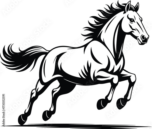 Black and White Galloping Horse Illustration, A dynamic illustration of a horse, rendered in black and white, dominates the frame. The horse is depicted mid-gallop, all four hooves off the ground