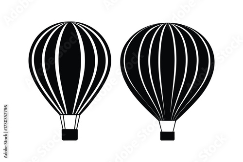 Two black and white hot air balloons illustrated in a simple style