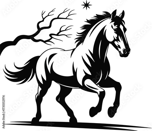 Black and White Galloping Horse Illustration, A dynamic illustration of a horse, rendered in black and white, dominates the frame. The horse is depicted mid-gallop, all four hooves off the ground