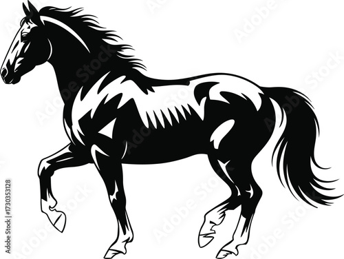 Black and White Galloping Horse Illustration, A dynamic illustration of a horse, rendered in black and white, dominates the frame. The horse is depicted mid-gallop, all four hooves off the ground
