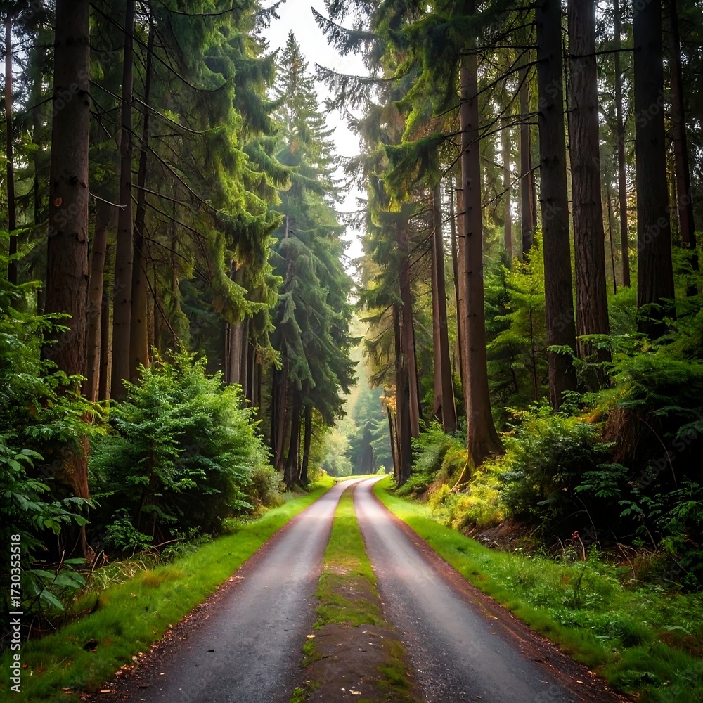 Obraz premium Forest road through tall trees