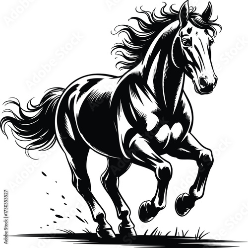 Black and White Galloping Horse Illustration, A dynamic illustration of a horse, rendered in black and white, dominates the frame. The horse is depicted mid-gallop, all four hooves off the ground