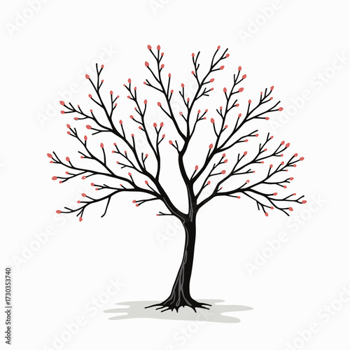 Black tree with red buds on branches in minimalist style  