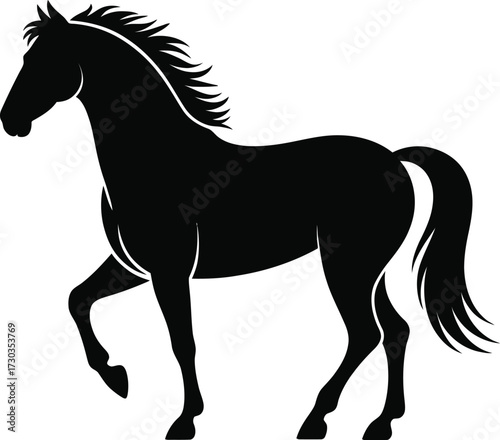 Black and White Galloping Horse Illustration, A dynamic illustration of a horse, rendered in black and white, dominates the frame. The horse is depicted mid-gallop, all four hooves off the ground