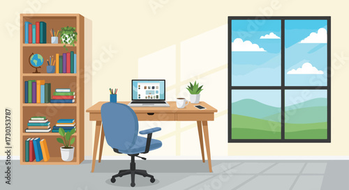 Cozy Home Office Setup with Desk, Chair, Bookshelf, and a Large Window with a Scenic Outdoor View, Bathed in Natural Sunlight