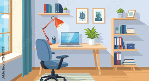 Modern, bright, and organized home office illustration with a wooden desk, laptop, ergonomic chair, decorative shelves, and natural light, ideal for remote work or studying