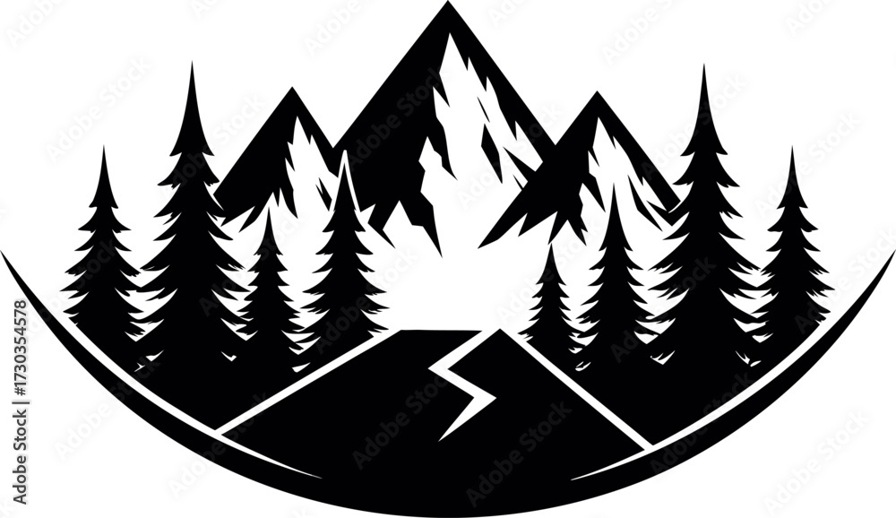 Fototapeta premium Forest and mountain silhouette vector, Adventure camping panorama illustration