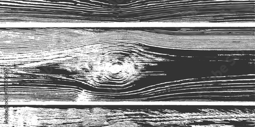 close-up view of rough black and white wood grain texture with horizontal lines and knot.  White natural wood wall texture and background. Detailed macro view of felled tree trunk or stump.