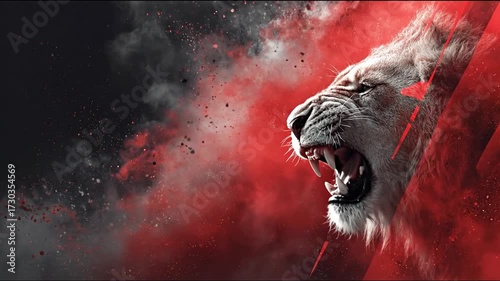 Roaring lion head against abstract background with red and black hues