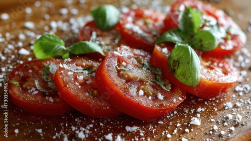 Fresh sliced tomatoes garnished with herbs and cheese on a wooden board, ideal for healthy meals and recipes.