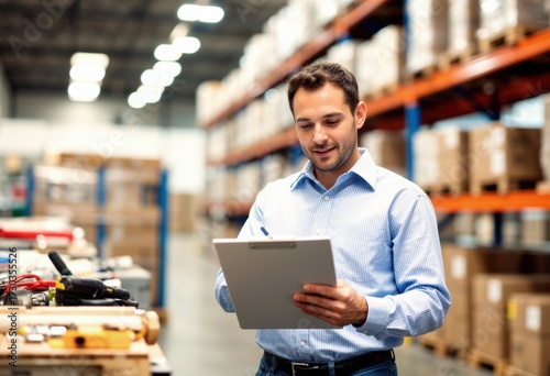 Warehouse quality inspector checking goods with a clipboard in hand