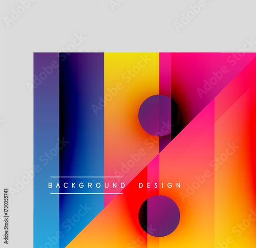 Abstract gradients form dynamic shapes. Circles overlap vibrant color blocks, creating modern visual impact. Design emphasizes bold hues.