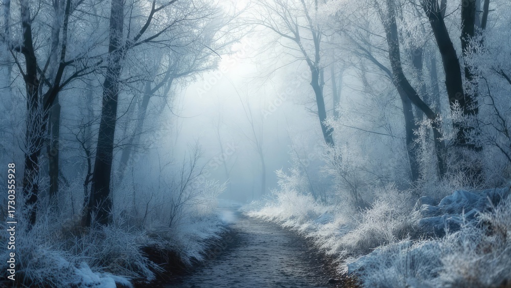 Fototapeta premium Frozen forest path, pale blue light