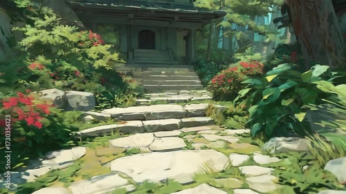 A sun-drenched stone path winds through a tranquil, lush garden, leading to a traditional-style building.