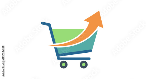 E-commerce growth depiction with shopping cart icon and upward-pointing arrow symbol