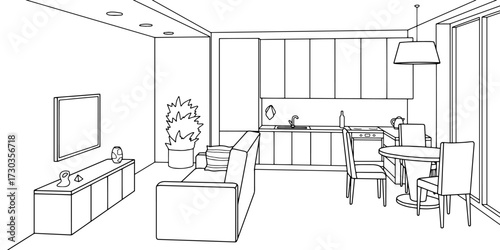 Living room graphic black white home interior sketch illustration vector 
