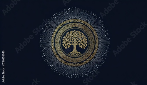 Golden tree of life emblem on dark background symbolic design