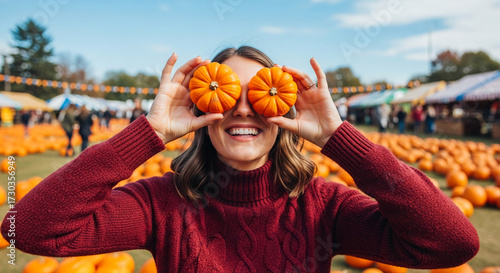 Fototapeta Naklejka Na Ścianę i Meble -  Woman in maroon sweater playfully holds pumpkins over eyes at autumn festival background, conveying joy and fall season spirit