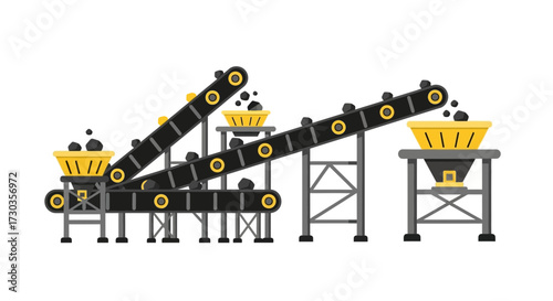 Animated industrial coal processing plant with conveyor belts machine