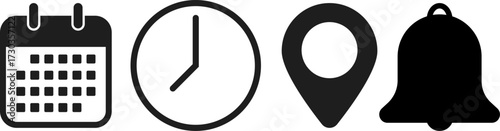 date time location notification icon set. Address, time, calendar bell notification icons collection. Clock, Address location and date Calendar symbol