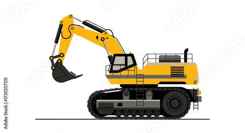 Detailed illustration of a yellow excavator on a plain white background