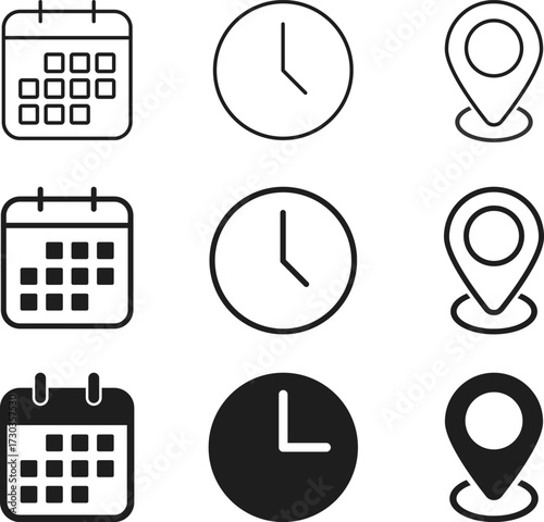 date time location icon set. Address, time, calendar icons collection. Clock, Address location and date Calendar symbol