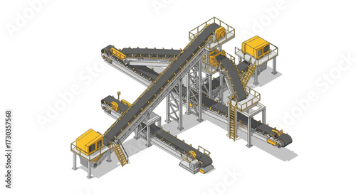 Detailed isometric illustration showcasing complex conveyor belt system layout