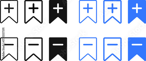 add and remove bookmark icon set. Bookmark add or remove symbol. Bookmark icon with plus and minus sign. Save and unsave bookmarks concept