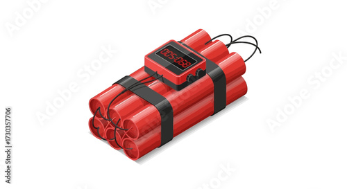 Dynamite with Timer in Isometric View, Ready to Explode on a White Background